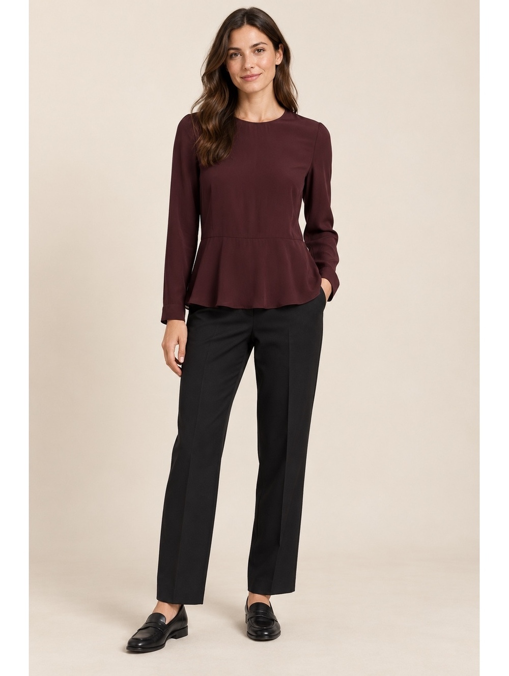 Theory Women's Burgundy Silk Peplum Blouse Size P